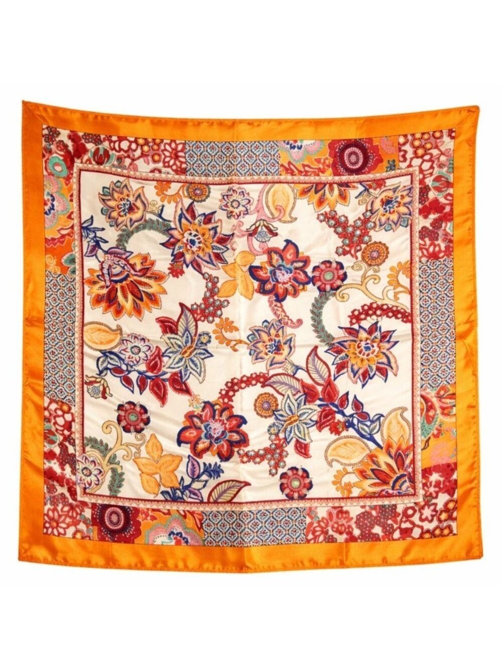 Orange Floral Satin Square Scarf 20x20 Hair Neck Head Wrap Boho